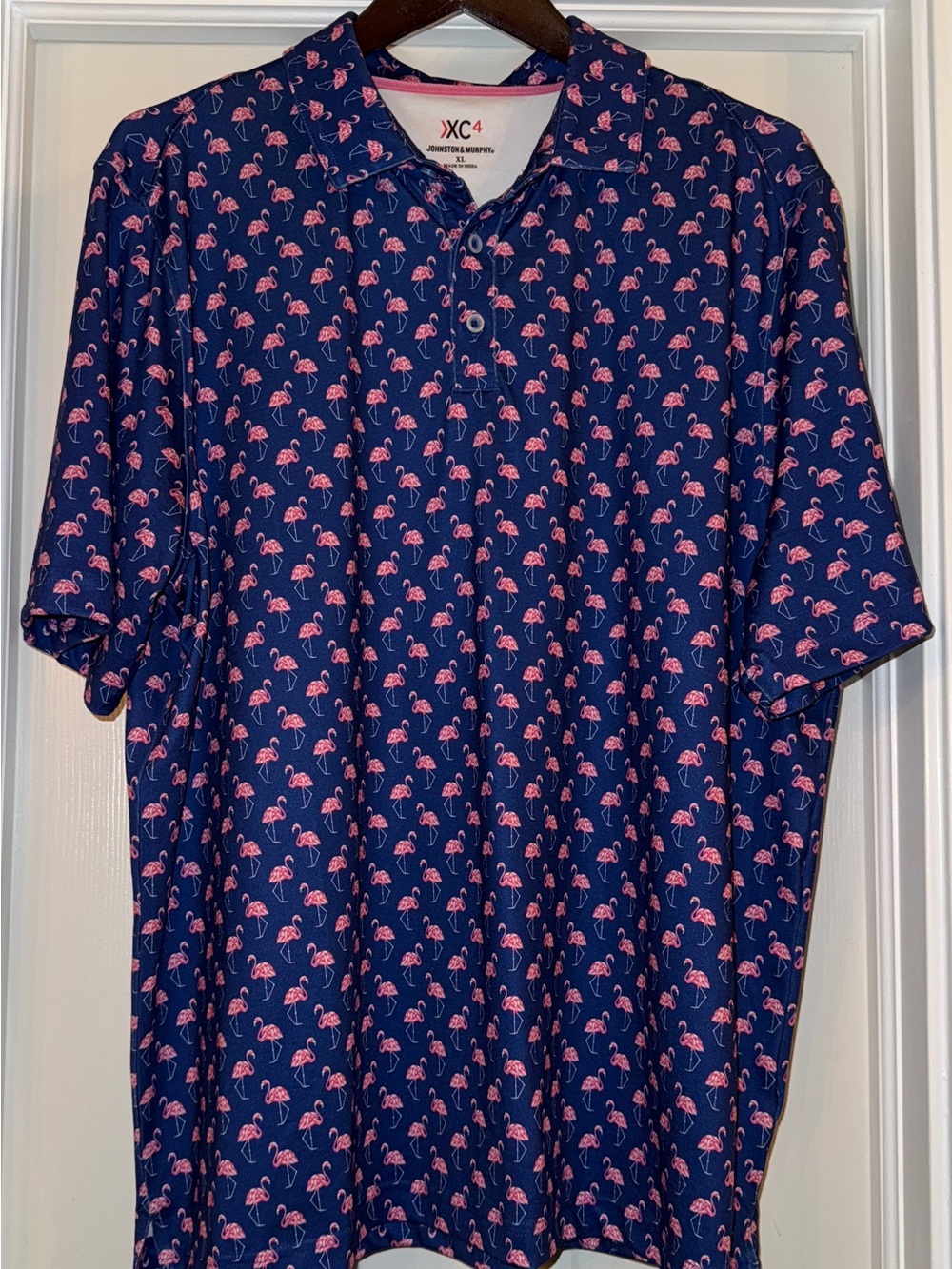 Men’s Johnston and Murphy Navy Polo with Pink Flamingo Print